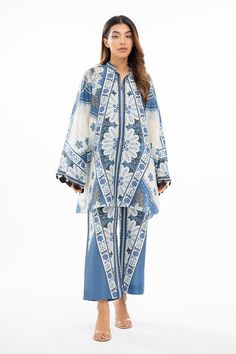 Blue Floral Embroidered Palazzo Set For Summer, Blue Floral Embroidery Palazzo Set For Summer, Traditional Sets With Floral Print And Kimono Sleeves, Bohemian Floral Print Palazzo Set, Blue Printed Palazzo Set For Summer, Summer Blue Palazzo Set With Printed Motifs, Traditional Long Sleeve Palazzo Set With Tassels, Bohemian Sets With Tassels For Eid, Bohemian Palazzo Set With Floral Embroidery And Long Sleeves