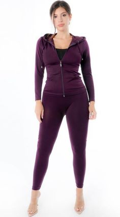 Zippered hoodie with matching colored leggings. Perfect for errands or days when you want to keep it simple. One size fits most, possibly up to a size 12.