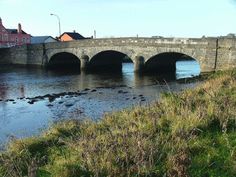 an old stone bridge over a river with buildings in the background and grass growing on the bank