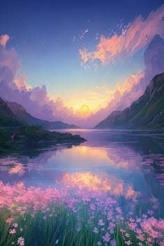 a painting of the sun setting over a lake with wildflowers and mountains in the background