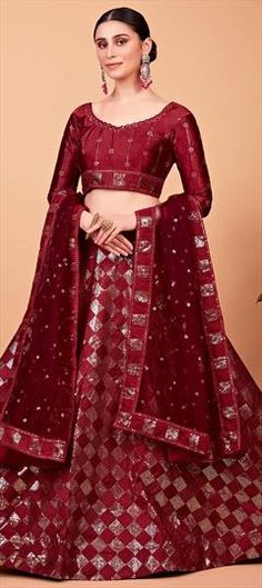 Red and Maroon color Lehenga in Art Silk fabric with Embroidered, Sequence, Thread work Red Self Design Art Silk Lehenga, Red Art Silk Lehenga With Self Design, Red Self Design Lehenga For Festivals, Red Art Silk Choli With Motifs, Red Self-design Lehenga For Festivals, Red Motif Saree For Reception, Red Dola Silk Lehenga With Motifs, Red Saree With Motifs For Reception, Red Traditional Wear With Motifs For Reception