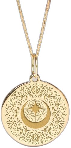 14k Gold Celestial Medallion Necklace, Gold Celestial Medallion Necklace, Celestial Medallion Necklace In Brass, Gold Celestial Medallion Pendant Necklace, Celestial Yellow Gold Pendant Necklace, Gold Moon, Moon Flower, Moon Charm, Flower Necklace