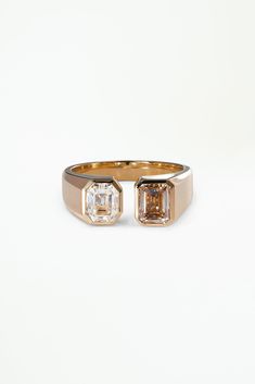 14k solid Fairmined yellow gold Champagne diamond, emerald cut, 6.23x4.79x3.41mm, 1.01ct, Argyle mine, Australia originDiamond, emerald cut, 6.10x4.94x4.01mm, 1.01ct, L VVS2, GIA certified, reclaimed originDiamonds 2.02 total carat weightRing band tapers from approximately 7mm to 3.4mm wide Gold Emerald-cut Emerald Ring With Rose Cut Diamonds, Gold Emerald-cut Ring With Rose Cut Diamonds, Gia Certified Rectangular Gold Diamond Ring, Classic Emerald Cut Emerald Ring In Rose Gold, Gold Radiant Cut Gia Certified Emerald Ring, Gold Asscher Cut Emerald Ring For Formal Occasions, Gia Certified Radiant Cut Gold Emerald Ring, Formal Gold Asscher Cut Emerald Ring, Modern Gold Emerald Cut Ring