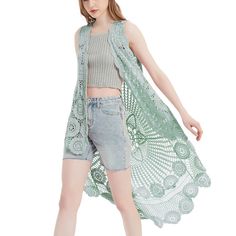 Add a touch of boho chic to your wardrobe with the Bohemian Crochet Lace Vest. This lightweight, open-front sleeveless cardigan features a stunning cut-out flower lace design, an asymmetric hem, and a loose, oversized fit that flatters all body types. Green Summer Vest For Beach, Green Summer Beach Vest, Green Vest For Beach In Summer, Green Beach Vest For Spring, Bohemian Sleeveless Crochet Top For Spring, Bohemian Lace Crochet Top For Spring, Green Bohemian Crochet Top, Sleeveless Crochet Top For Spring Beach Cover-up, Spring Sleeveless Crochet Top For Beach