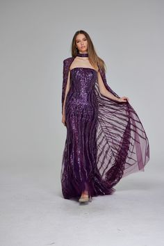 Jovani 39046 Fall 2024 evening collection dress. Moth Repellent, Plastic Dress, Dress Cover, Fall 2024, Dress Collection, Bead Work, Types Of Sleeves, Dress Up, Purple