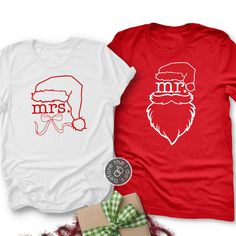 Christmas Themed Mr. and Mrs. Relaxed Fit Tee for Him and Her /// #beforetheidos #mrandmrs #Santa #ourfirstChristmas #asmrandmrs #Christmas #Christmaspjs #pajamas Mr And Mrs Shirts Ideas, Festive White Holiday Top, White Festive Holiday Top, Christmas Holiday Shirt With Graphic Print, Red Christmas Shirt For Holiday, White Festive Shirt For Christmas, White Festive Christmas Shirt, Christmas Holiday Graphic Print Shirt, Holiday Cotton Shirt