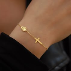 14K Solid Gold Cross Bracelet for Women, Miraculous Medal, Catholic Rosary Bracelets for Women, Religious Bracelet, Graduation Gift - Etsy Minimalist Gold Rosary Bracelet Gift, Gold Cross Bracelets For Gifts, Yellow Gold Cross Bracelet For Gift, Yellow Gold Cross Bracelets As Gift, Yellow Gold Cross Bracelet Gift, Yellow Gold Cross Bracelet As Gift, Minimalist Rosary Bracelet Gift, Spiritual Cross Bracelets As Gifts, Elegant Rosary Bracelet As Gift