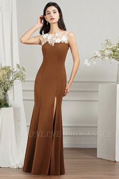 Babyonlinewholesale offers Lace brown mermaid splt front evening dress at a good price from ,Blushing Pink,Pearl Pink,Dusty Rose,Red,Brown,Gold,Champagne,Rose Gold,Lilac,Black,Gray,Dusty Blue,Purple,Lace,Healthy cloth to Column Floor-length them. Stunning yet affordable Sleeveless Evening Dresses.