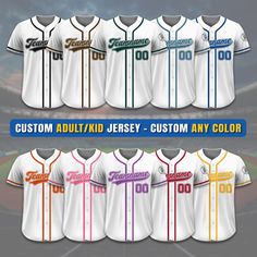 Custom Baseball Jersey is a stylish and functional piece that ensuring a comfortable fit for groups, individuals, couples, teams, or anyone who loves Gradient fashionable and sporty vibe. From casual outings to intense gameplay, this baseball jersey always guarantees both style and performance. If you have any other design ideas, or any changes to the jersey details, simply share an image and we will create a visual representation for you to confirm. ⚾FEATURES - Personalized with your choice of Cheap White Baseball Jersey For Sports Events, Breathable Collegiate Tops For College, Functional White T-shirt For Sports Events, Customizable Sporty Tops For Sports, Team Spirit Sports Jersey Tops, Cheap White Jersey With Name Print, White Sportswear Top For Team Events, Sweat Resistant White Top For Light Sports, White Team Name Sportswear Activewear