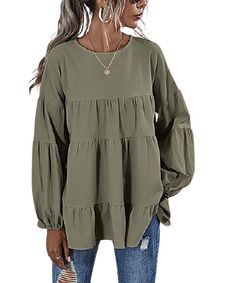 Army Green Tiered Ruffle Long-Sleeve Top size XL Casual Ruffled Balloon Sleeve Top, Fall Tops With Ruffles And Balloon Sleeves, Fall Balloon Sleeve Tops With Ruffles, Casual Tops With Ruffle Hem And Puff Sleeve, Billowy Casual Ruffled Tops, Billowy Ruffled Blouse For Fall, Fall Ruffled Billowy Blouse, Fall Billowy Ruffled Blouse, Fall Ruffle Hem Blouse With Ruffle Sleeves