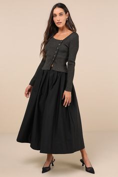 No matter your aesthetic, your looks will always be adorable when you've got the ASTR the Label Katarina Black Pleated Cotton Midi Skirt! Crisp woven cotton shapes this stylishly simple skirt that has a high, banded waist with subtle pleated details throughout. Flaring, lightly structured silhouette ends at a mini hem. Hidden zipper/clasp at back. Fit: This garment fits true to size. Length: Mid-calf length. Size medium measures 34.5" from waist to hem. Waist: Fitted - very fitted at natural wai Black Midi Skirt Outfit Work, Midi Skirt Outfit Work, Winter Midi Skirt Outfit, Black Midi Skirt Outfit, Circle Skirt Outfits, Skirts Ideas, Black A Line Skirt, Ballerina Skirt, Simplicity Fashion