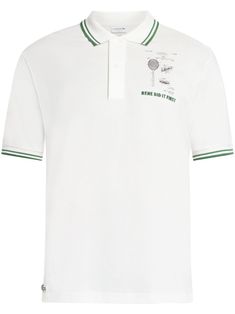 white/forest green cotton appliqué logo embroidered slogan graphic print at the chest stripe detailing polo collar front button placket short sleeves ribbed cuffs straight hem White Forest, Green Polo, Polo Shirt White, Balenciaga Triple S, Cotton Polo Shirt, Custom Watch, Summer Beach Wear, Short Suit, Cotton Polo