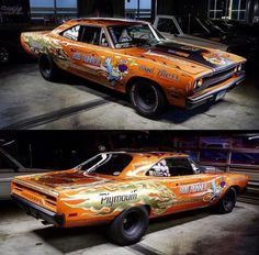 two pictures of an orange muscle car with flames painted on it