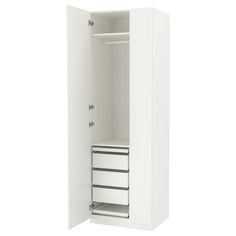 an open white cabinet with drawers on both sides