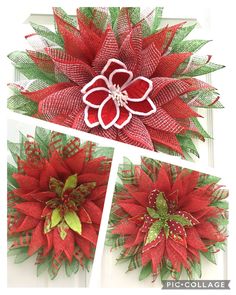 the poinsettia is made from mesh and has red flowers on it, while green leaves are attached to the front door