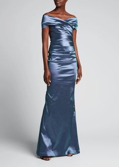 Rickie Freeman for Teri Jon Off-Shoulder Ruched Taffeta Gown - Bergdorf Goodman Off-shoulder Ruched Bodice Evening Dress, Fitted Taffeta Evening Dress For Weddings, Pre-draped Off-shoulder Evening Dress With Ruched Bodice, Elegant Taffeta Gown With Ruched Bodice, Asymmetrical Neckline Ruched Wedding Gown, Wedding Gown With Ruched Asymmetrical Neckline, Ruched Gown With Asymmetrical Neckline For Wedding, Fitted Taffeta Gown For Wedding, Evening Gown With Fitted Bodice In Taffeta