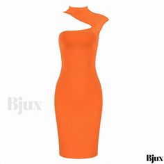 Bjux - Fashionable Orange Asymmetrical Bodycon Bandage Dress for Evening Parties and Events Orange Tight-fit Dress With Asymmetrical Hem, Orange Fitted Dress With Asymmetrical Hem, Dress For Evening, Waist Circumference, Types Of Skirts, Bandage Dress, Evening Party, Types Of Collars, Sleeve Type