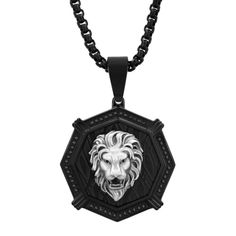 1/4ctw black diamond stainless steel white lion face pendant. Includes a 24-inch stainless steel black box link chain necklace with a lobster claw closure. Black Stainless Steel Medallion Necklaces, Black Stainless Steel Medallion Necklace, Black Medallion Stainless Steel Necklaces, Black Metal Medallion Jewelry, Black Medallion Metal Jewelry, Face Pendant, White Lion, Lion Face, Link Chain Necklace