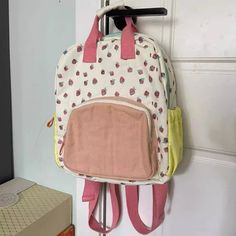 UAKISS - Casual Kawaii Strawberry Print Schoolbags Girls Fashion Cute Contrast Color Women Bags Japanese All Match Backpacks for Students Size:22*8*27CM "Size mearsured by ourselves, sometimes has some errors, but always within 3cm." White Harajuku Style Canvas Bag For School, Harajuku Style White Canvas Bag For School, Cute Large Capacity Bags For Back To School, Kawaii Beige Bags For Students, Cute Bags For Daily Use And Back To School, Kawaii Beige Bag For Students, Cute Rectangular Canvas Bag For School, Cute Large Capacity Shoulder Backpack, Large Capacity Cute Backpack