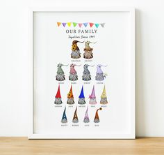 a white framed poster with the names and colors of gnomes in different hats on it