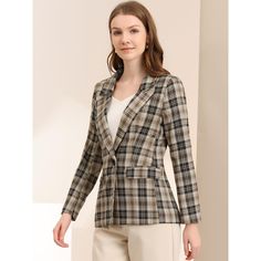 Pump up your power suit look with this plaid Blazer. Classic plaid pattern with notched lapel and one button closure blazer. Cut a little long to look great over midi skirts or skinny jeans. Pair with jeans for a casual look, or pair it with a smart midi skirt for a boss lady vibe. All prepped up for the coming season, this classic blazer is loaded with styling options. Women's Suits, Boyfriend Blazer, Plaid Suit, Houndstooth Blazer, Power Suit, Classic Blazer, Houndstooth Pattern, Plaid Blazer, Midi Skirts