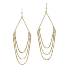 Sparkle and shine with these gorgeous gold earrings! With three delicate chains and 2" drop, these earrings are sure to make you the talk of the town. Plus, they'll last through day and night, so you can make a statement no matter the occasion! Gold Dangle Hoop Earrings With Chain Detail, Gold Dangle Hoop Earrings With Chain, Elegant Gold Earrings With Double Chain, Metal Threader Earrings With Ear Wire For Parties, Trendy Gold Teardrop Dangle Earrings, Delicate Chain Drop Earrings For Party, Chic Metal Teardrop Dangle Earrings, Party Earrings With Gold Chain Detail, Gold Chain Metal Earrings For Party