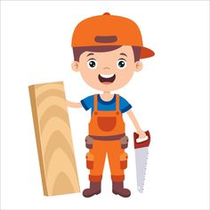 a boy in an orange work uniform holding a saw and a large piece of wood