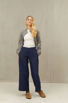 Warm and simple, super comfortable and effortlessly elegant long pants for the everyday wear. The blend of 15% wool and 85% linen creates the fabulous perfect mix characteristics of both. They are warm and soft as wool, breathable and ultra-hygienic as linen, natural and ecologically sustainable.  Elasticated waist, regular fit and wide bottom leg - all these features are making them one of your fall/winter wardrobe essentials. Combine them with a structured jacket for more formal looks or basic Relaxed Fit Ankle-length Wide Leg Pants For Business Casual, Versatile Wide Leg Trousers With Pull-on Style, Comfortable Elastic Waistband Ankle-length Pants, Comfortable Ankle-length Pants With Elastic Waistband, Versatile Straight Sweatpants For Fall, Pull-on Trousers, Casual Wide Leg Pull-on Pants For Business, Business Casual Wide Leg Pants With Pull-on Style, Effortless Straight Leg Pants For Fall