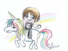 a drawing of a girl riding on a unicorn with a skull in her hand and rainbow hair