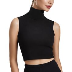 cotton crop top mock turtleneck sleeveless modest wear to layer underneath low cut garments Black Turtleneck Tank Top, White Turtleneck Sleeveless Top, Cropped Black Turtleneck, Black Turtle Neck Crop Top, Cropped Sleeveless Turtleneck, Dickey Collar, Cut Blouse, Low Cut Blouses, Clothes Reference