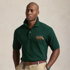 An American style standard since 1972 the Polo shirt has been imitated but never matched. Over the decades Ralph Lauren has reimagined his signature style in a wide array of colors and fits yet all retain the quality and attention to detail of the iconic original. This Big & Tall version features our Triple-Pony logo and a “3” appliqué representing the number typically worn by a polo team’s strongest player. Classic Green Tops With Spread Collar, Ralph Lauren Cotton Polo Shirt, Classic Green Polo Shirt For Spring, Fitted Green Polo Collar Top, Classic Green Shirt With Polo Collar, Classic Green Polo Shirt With Relaxed Fit, Designer Green Cotton Shirt, Casual Ralph Lauren Polo Collar Shirt, Casual Ralph Lauren Shirt With Polo Collar