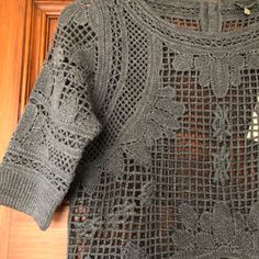 Beautiful Open Weave Crochet Sweater Classic Steel Grey 3 Lovely Metal Filigree Buttons At Back Of The Neck Half Sleeves Approximate Measurements When Flat: 16.5” Armpit To Armpit 21" Shoulder To Hem Fitted Pointelle Knit Crochet Top For Fall, Fitted Crochet Top With Pointelle Knit For Fall, Fitted Crochet Lace Top For Layering, Elegant Fitted Textured Crochet Top, Crew Neck Knit Top With Crochet Lace, Knit Top With Crochet Lace Crew Neck, Crochet Lace Knit Top With Crew Neck, Bohemian Pointelle Knit Crochet Top For Layering, Elegant Crochet Knit Top