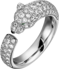 Cartier - Panthère de Cartier ring - Ring Woman White gold - Panthère de Cartier ring, 18K white gold, onyx, set with 2 emeralds and 112 brilliant-cut diamonds totaling 0.95 carat. Width of the pattern: 7.31 mm. Cartier Love Ring Diamond, Jeanne Toussaint, Luxury Diamond Jewelry, Cartier Love Ring, Cartier Panthere, Luxury Diamonds, Cartier Love, Cartier Ring, Love Ring