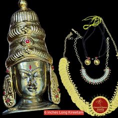 Design by Classical Dance Jewelry® ❥ Product Details: Designer Brass decorated Goddess Varalakshmi Ammavaru Face , Crown kireetam 9 Piece set ❥ Material is Brass alloys ❥ Color: Gold, Brass ❥ Beautiful Goddess Lakshmi face set used for varalakshmi Vratham ❥ Beautifully embossed mask used for pooja during Varalakshmi Vratham ❥ Very Heavy Face ❥ Beautifully decorated mask used for pooja during Varalakshmi Vratham ❥ Completely Decorated with High Quality Stones and pearls 🎈We will send item that a Varalakshmi Vratham, Buddha Face, Face Jewellery, Classical Dance, Dance Jewelry, Beautiful Goddess, Face Earrings, Goddess Lakshmi, Black Stains