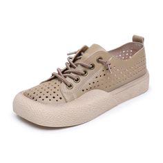 • Upper Material: Genuine Leather• Upper-Genuine Leather Type: Cow Leather• Fashion Element: Hollow• Season: Summer/Spring• Insole Material: Bonded Leather• Lining Material: Synthetic• Closure Type: Lace-Up• Fit: Fits true to size, take your normal size• Heel Height: 1.18 in• Platform Height: 0 / 1.18 in• Weight: 6 oz• Low-top Calf Leather Platform Sneakers With Rubber Sole, Casual Lace-up Platform Sneakers With Rubber Sole, Cream Low-top Platform Sneakers With Rubber Sole, Leather Lace-up Platform Sneakers With Removable Insole, Cream Low-top Platform Sneakers With Perforated Toe Box, Cross Training Shoes, Brown Sneakers, Hollow Design, Golf Shoes