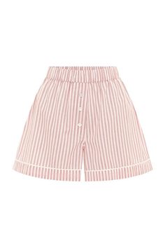 EDIE SHORT - STRAWBERRY STRIPE – THE POSSE US Pink Relaxed Fit Shorts For Daywear, Pink Cotton Shorts For Daywear, Striped Cotton Pajama Shorts For Pajama Party, Striped Bottoms For Summer Pajama Party, Pink Bottoms With Vertical Stripes For Summer, Summer Pink Bottoms With Vertical Stripes, Pink Vertical Striped Bottoms For Summer, Pink Vertical Stripes Bottoms For Summer, Striped Cotton Bottoms For Pajama Party