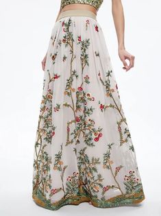 Catrina Embellished Gown Maxi Skirt In Champagne/multi | Alice And Olivia Spring Wedding Skirt With Sequins, Spring Evening Skirt With Floral Embroidery, Floor-length Evening Bottoms For Spring, Summer Wedding Skirt With Sequins, Spring Evening Floor-length Bottoms, Long Skirt For Prom And Party Season, Long Skirt For Wedding Party Season, Long Skirt For Wedding And Party Season, Spring Floral Embroidered Maxi Skirt