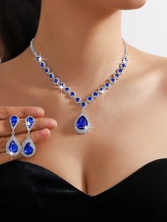 1pc Royal Blue Crystal Necklace And 1pair Of Royal Blue Crystal Earrings Royal Blue    Artificial Crystal     Women Fashion Jewelry, size features are:Bust: ,Length: ,Sleeve Length: Royal Blue Accessories, Royal Blue Jewelry, Royal Blue Earrings, Blue Jewelry Set, Crystal Bridal Jewelry Sets, Prom Necklaces, Blue Crystal Necklace, Blue Crystal Earrings, Costume Jewelry Sets