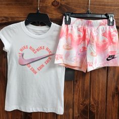 Nwt Bin Sa Playful White Short Set For Spring, Cute Pink Short Top, Cute Short Pink Top, Short Pink Tops For Playwear, White Cotton Short Set For Spring, Spring White Cotton Short Set, Nike White Casual Sets, White Nike Casual Sets, Casual White Nike Sets