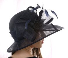 Derby style hat, Navy wide-brim hat, Kentucky derby hat, Asymmetric sun hat, Wedding hat, Tea Party Elegant Wide Brim Sun Hat For Formal Occasions, Formal Elegant Wide Brim Sun Hat, Elegant Formal Wide Brim Sun Hat, Elegant Wide Brim Sun Hat, Evening Cloche Hat For Royal Ascot With Short Brim, Cloche Hats For Evening At Royal Ascot, Chic Party Fascinator With Curved Brim, Chic Top Hat For Royal Ascot Party, Summer Party Boater Hat With Wide Brim