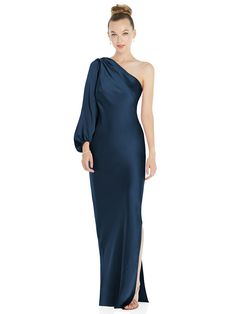 A Little Yin And Yang Energy Lends A Playful Aura To This Formal Lux Charmeuse Gown. A Dramatic One-shoulder Silhouette Is Paired With A Billowing Bishop Sleeve And A Maxi Skirt That Falls To The Floor For An Ultra-elegant Look. Shown In Sofia Blue. Fancy Cocktail Dress, Short Black Bridesmaid Dresses, Dramatic Natural Essence, Charmeuse Gown, 2 Brides, Dresses In Black, Bias Dress, Charmeuse Dress, Yang Energy