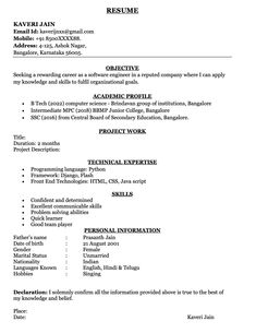 a sample resume for an application in the computer engineering department, with no work experience