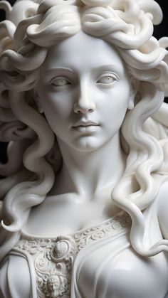 a close up of a statue of a woman with long hair and curls on her head