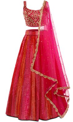 Beautiful 3 piece set, including a based skirt with multi shades of pink and orange, paired with a hot pink sleeveless blouse and a colorful dupatta (shawl). The lehenga set has delicate gold embroidery all throughout. Colorful Dupatta, Shades Of Pink And Orange, Mens Indian Wear, Lehenga Saree Design, Pink Sleeveless Blouse, Western Wear Dresses, Trendy Blouse, Pink Lehenga, Saree Design