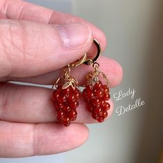 "Tiny RED Agate Grape Earrings, GEORGIAN, Pair of reproduction 18th century RED Agate grape hoop earrings, 16K gold or Silver plated GEORGIAN reproduction RED Agate earrings - grape clusters like this were very popular throughout the centuries, including early examples in the Georgian or Colonial period, and thru the Victorian era. Small clusters of red AGATE beads with your choice of gold or silver leaf design, on high quality, period appropriate loops - 16K gold plated brass OR Silver plated.