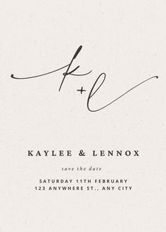 an elegant wedding card with the word f kl on it in black and white