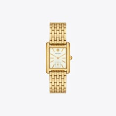 Clean-lined and elegant. The new Eleanor watch features a geometric case, an oversized Double T clasp and a classic link bracelet in gold-tone stainless steel. Gold Elegant Jewelry, Elegant Gold Watch Accessories With Polished Finish, Timeless Gold Watch Accessories With Tachymeter, Gold Tone Watches Women, Luxury Gold Timeless Jewelry And Watches, Gold Watches, Tory Burch Watch For Women, Tory Burch Watch, Womens Designer Watches