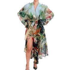 Brand: Dolce & Gabbana Size: Labeled It 44 | Us Large Type: Long Trench Coat Color: Multi-Color Tropical Motif Belted Wrap Material: 100% Silk Condition: New With Tags Made In Italy Authenticity Guaranteed Ships From Austin, Tx, Same Day If Purchased By 2 Pm Ct Elegant Multicolor Floral Print Outerwear, Elegant Multicolor Silk Outerwear, Elegant Blue Floral Print Outerwear, Elegant Summer Outerwear With Floral Print, Chic Silk Outerwear For Summer, Over Coat Women, Silk Trench Coat, Trench Coats Women Long, Dolce Gabbana Jacket