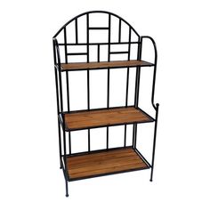 an iron and wood shelf with three shelves