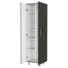 a tall cabinet with two shelves and one door open on the right side, in front of a white background